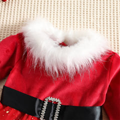 Aperturee - Santa Claus Red Tulle Fur Collar Party Kids Dress