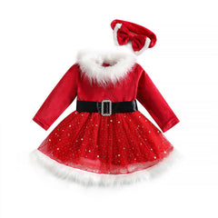 Aperturee - Santa Claus Red Tulle Fur Collar Party Kids Dress