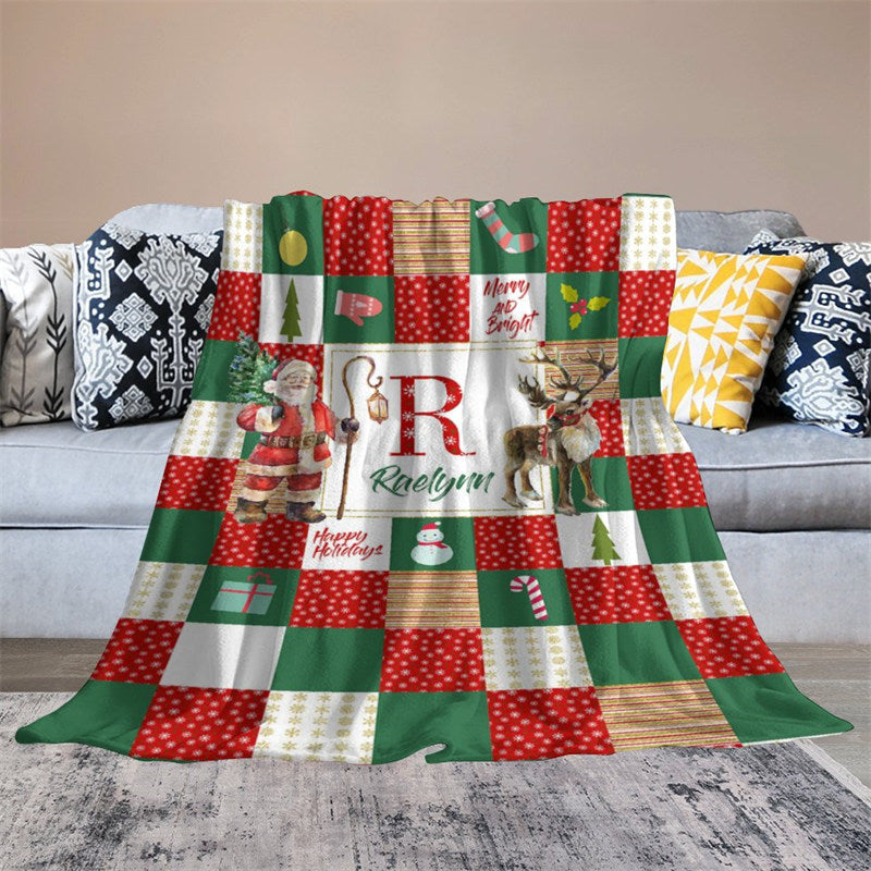 Aperturee - Santa Elk Red White Green Christmas Custom Name Blanket