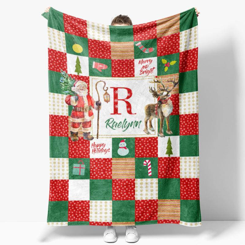 Aperturee - Santa Elk Red White Green Christmas Custom Name Blanket