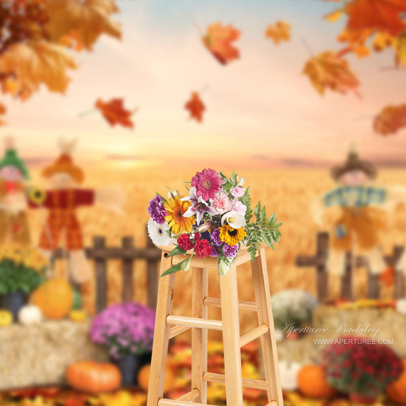 Aperturee - Scarecrow Harvest Pumpkin Maple Leaf Autumn Backdrop