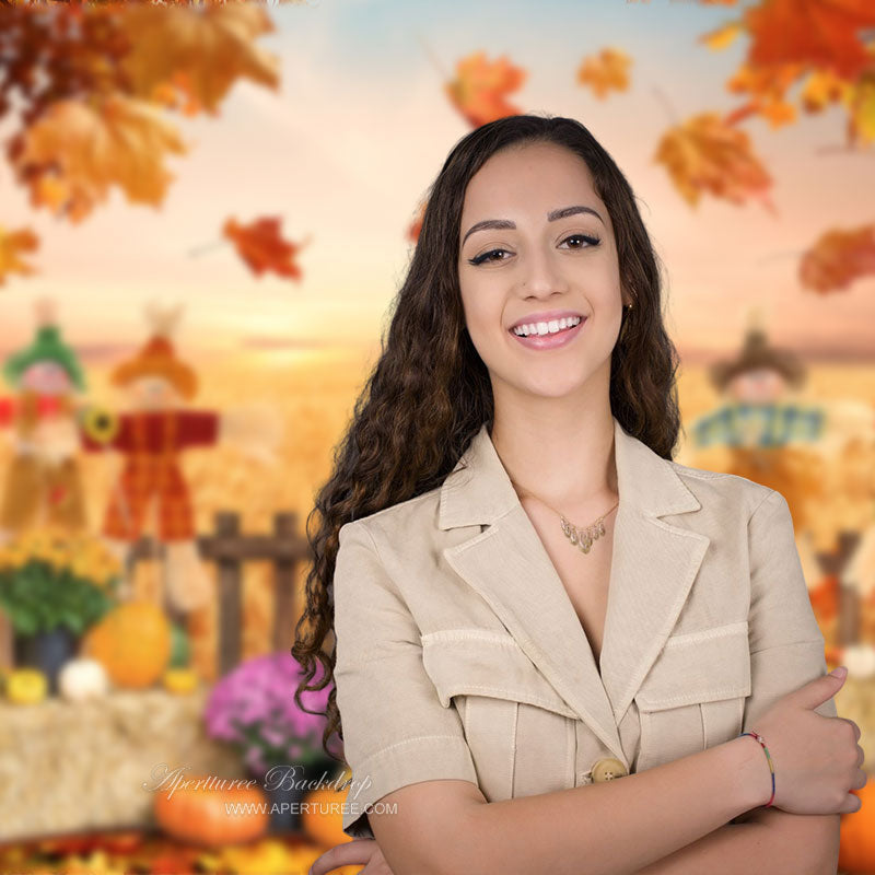 Aperturee - Scarecrow Harvest Pumpkin Maple Leaf Autumn Backdrop