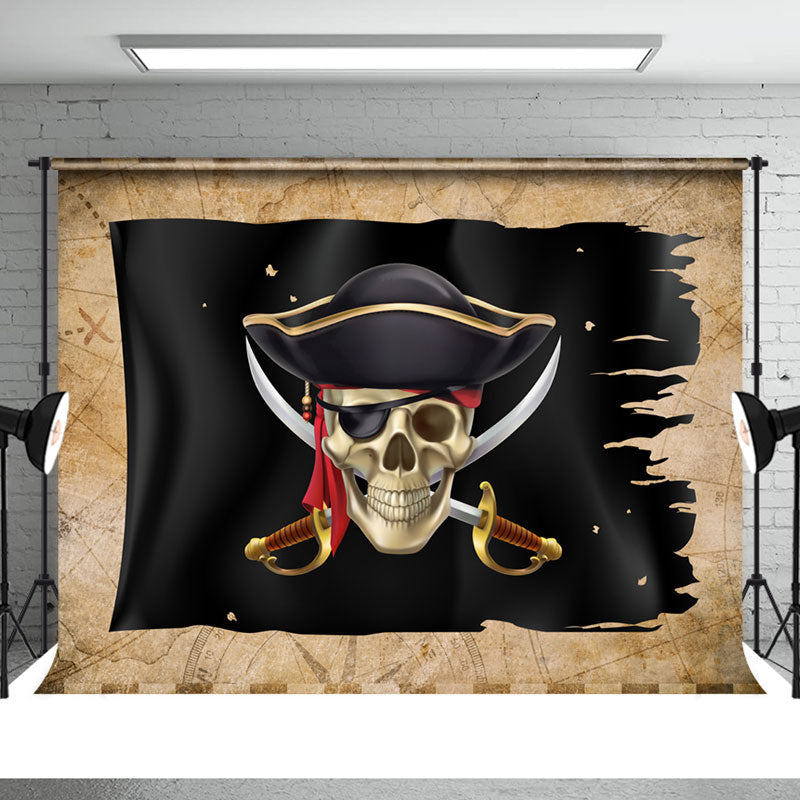 Aperturee - Scared Black Pirate Ship Birthday Party Backdrop