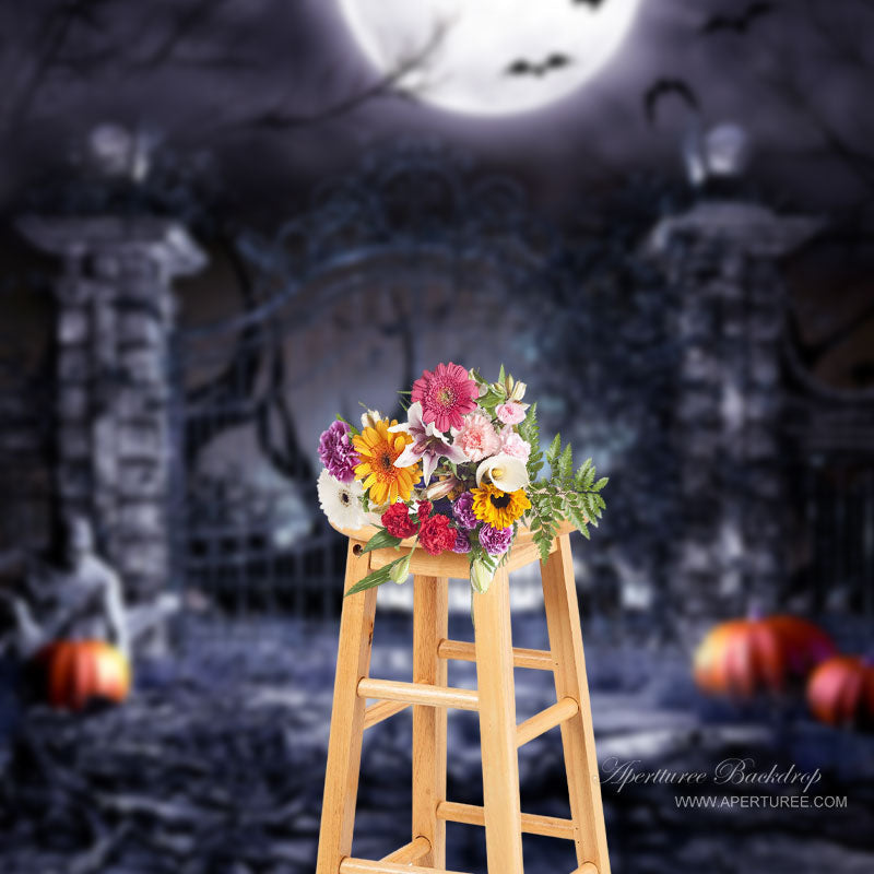 Aperturee - Scary Bat House With Ghost Pumpkin Halloween Backdrop