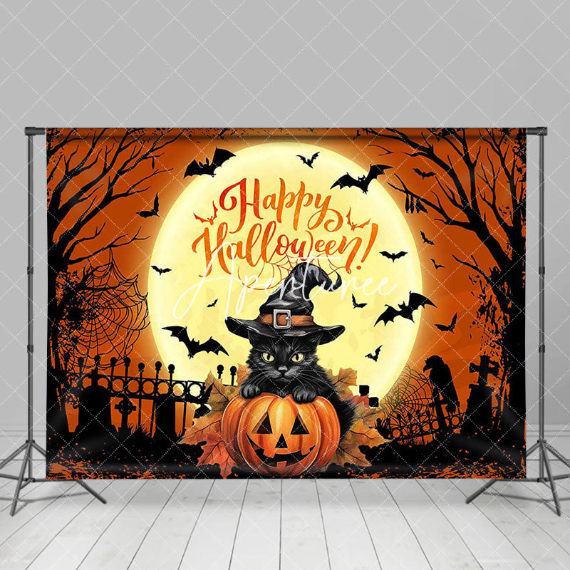 Aperturee - Scary Moon Night Black Cat Happy Halloween Backdrop