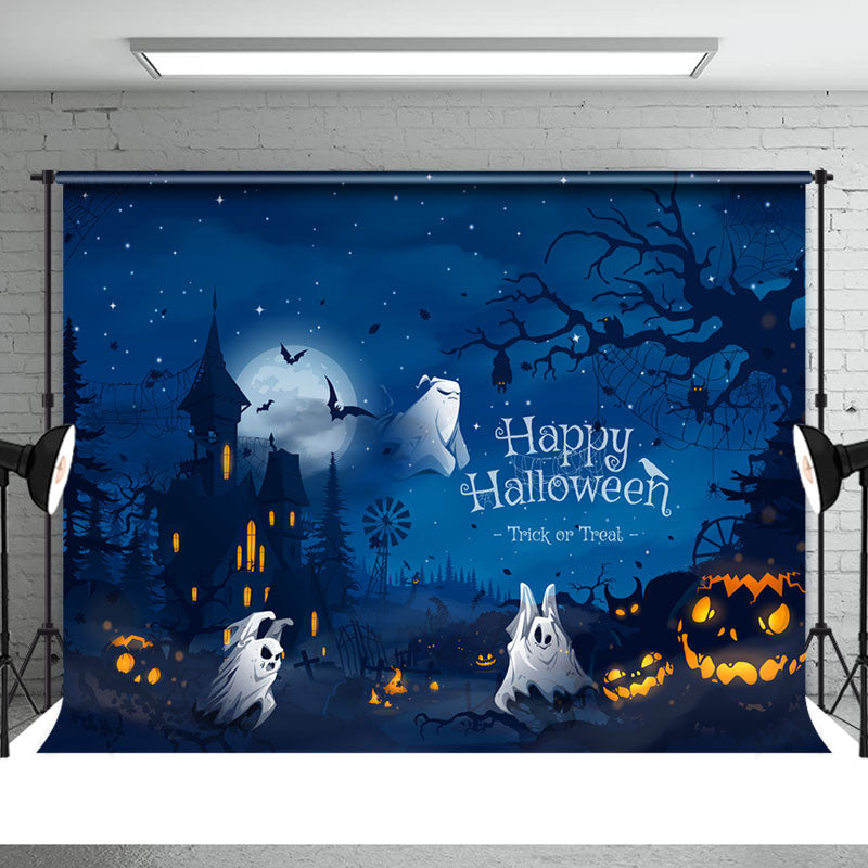 Aperturee - Scary Night Ghost Castle Pumpkin Halloween Backdrop