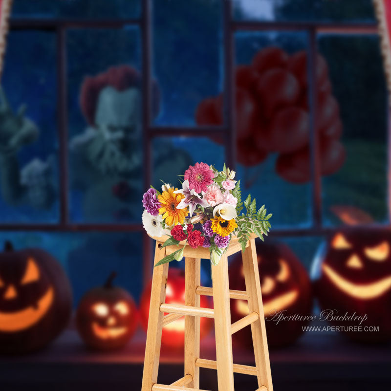 Aperturee - Scary Pumpkin Window With Red Curtain Halloween Backdrop