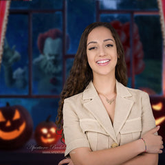 Aperturee - Scary Pumpkin Window With Red Curtain Halloween Backdrop