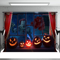 Aperturee - Scary Pumpkin Window With Red Curtain Halloween Backdrop