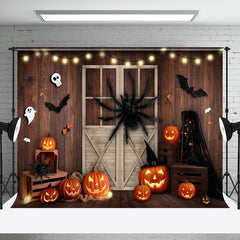 Aperturee - Scary Spider Pumpkins Wooden Room Halloween Backdrop