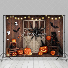 Aperturee - Scary Spider Pumpkins Wooden Room Halloween Backdrop