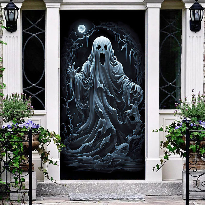 Aperturee - Scary White Ghost Moon Night Halloween Door Cover