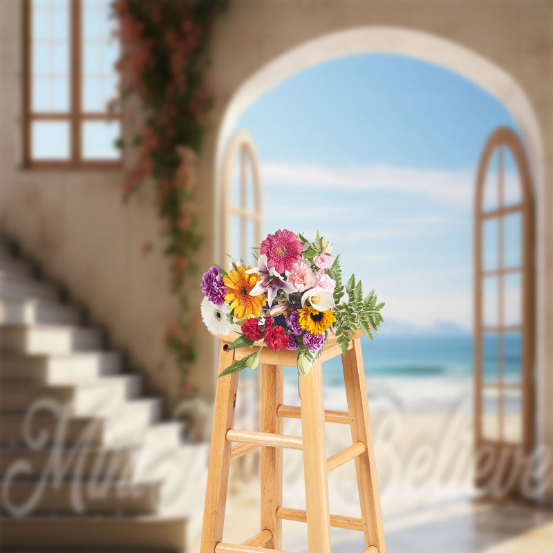 Aperturee - Sea Beach House Vine Floral Retro Wall Backdrop