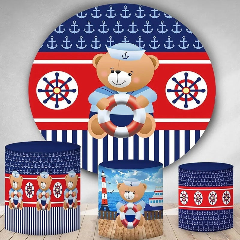 Aperturee Sea Blue And Red Teddy Bear Round Birthday Backdrop Kit