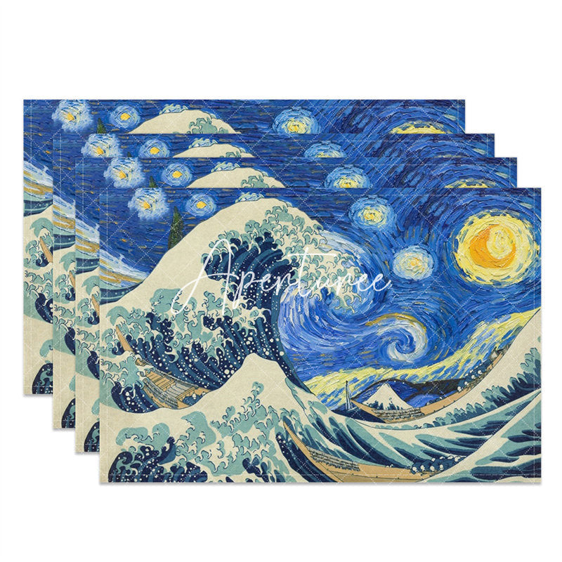 Aperturee - Sea Wave Blue Sky Moon Abstract Set Of 4 Placemats