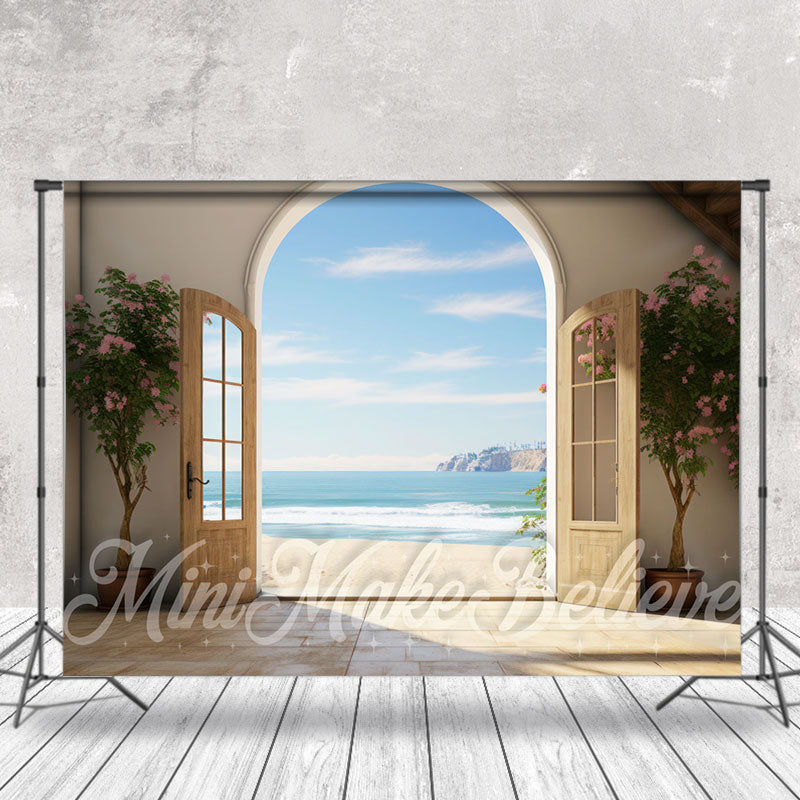 Aperturee - Seaside Sunshine Blue Sky Flower Wood Door Backdrop