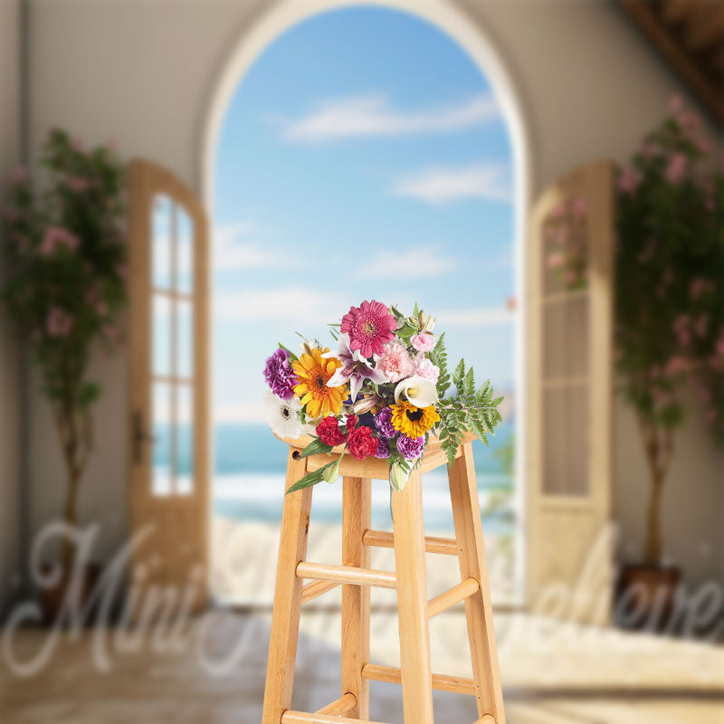 Aperturee - Seaside Sunshine Blue Sky Flower Wood Door Backdrop