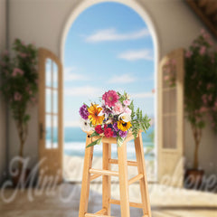 Aperturee - Seaside Sunshine Blue Sky Flower Wood Door Backdrop