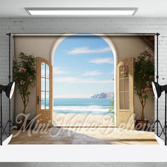 Aperturee - Seaside Sunshine Blue Sky Flower Wood Door Backdrop