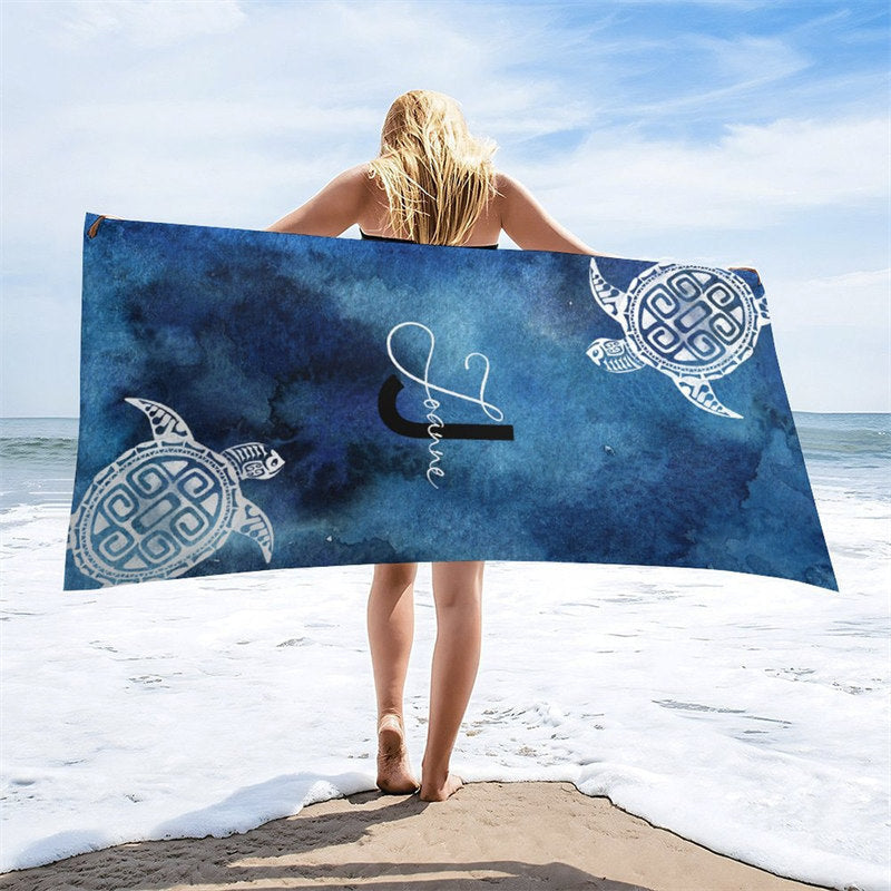 Aperturee - Sfumato Blue Sea Turtle Custom Beach Towel with Name