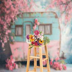 Aperturee - Shabby Blue Pink RV Peach Flower Spring Backdrop