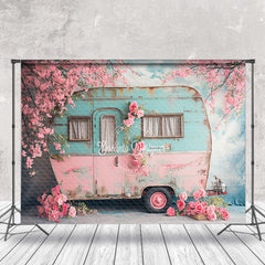 Aperturee - Shabby Blue Pink RV Peach Flower Spring Backdrop