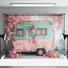 Aperturee - Shabby Blue Pink RV Peach Flower Spring Backdrop