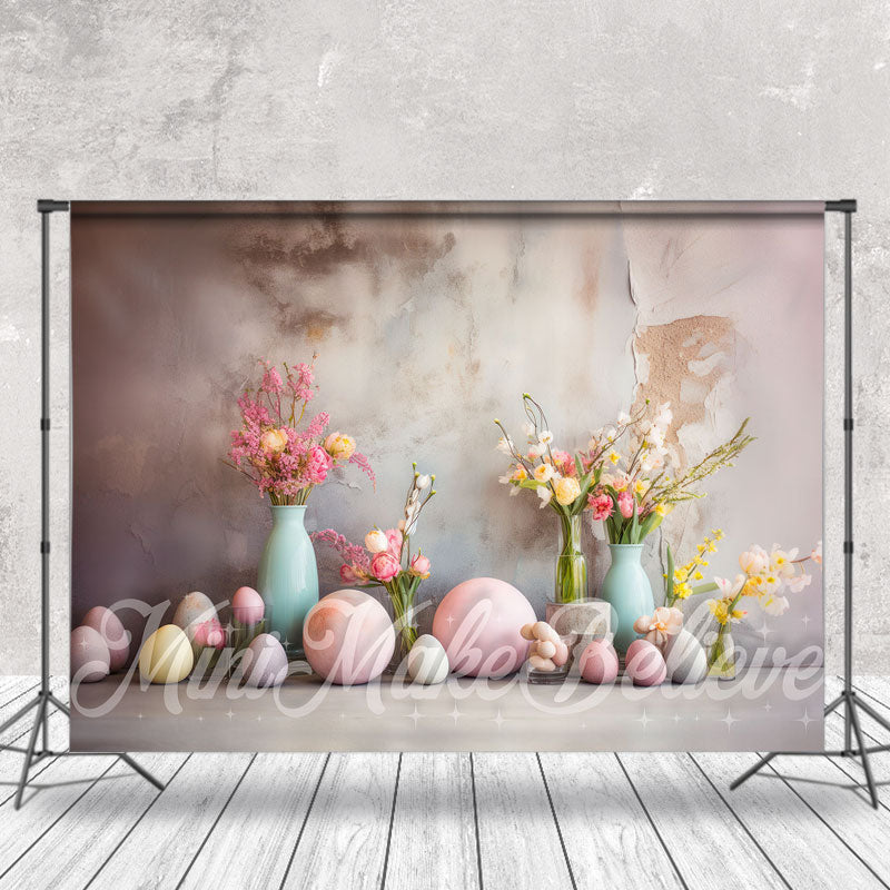 Aperturee - Shabby Cement Wall Floral Eggs Photo Easter Backdrop