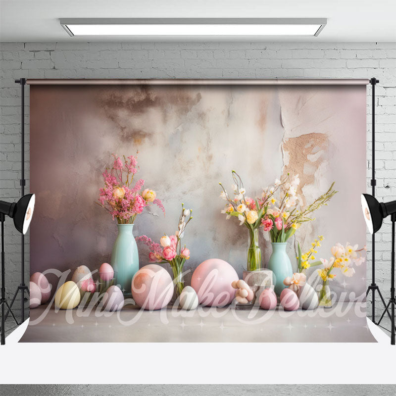 Aperturee - Shabby Cement Wall Floral Eggs Photo Easter Backdrop