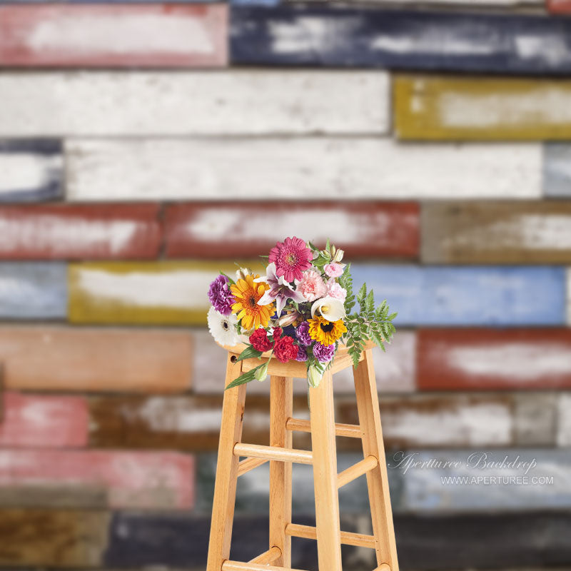 Aperturee - Shabby Colorful Wood Block Wall Photo Booth Backdrop