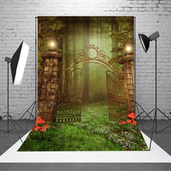 Aperturee - Shabby Gate Floral Grassland Photography Backdrop