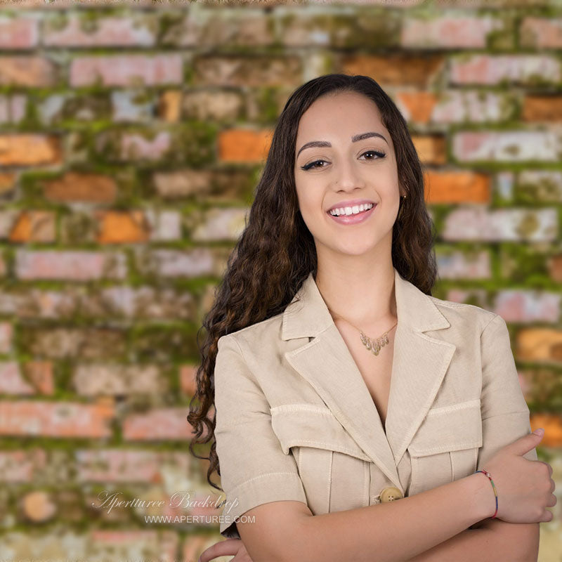 Aperturee - Shabby Red Brick Moss Wall Backdrop For Photo Booth