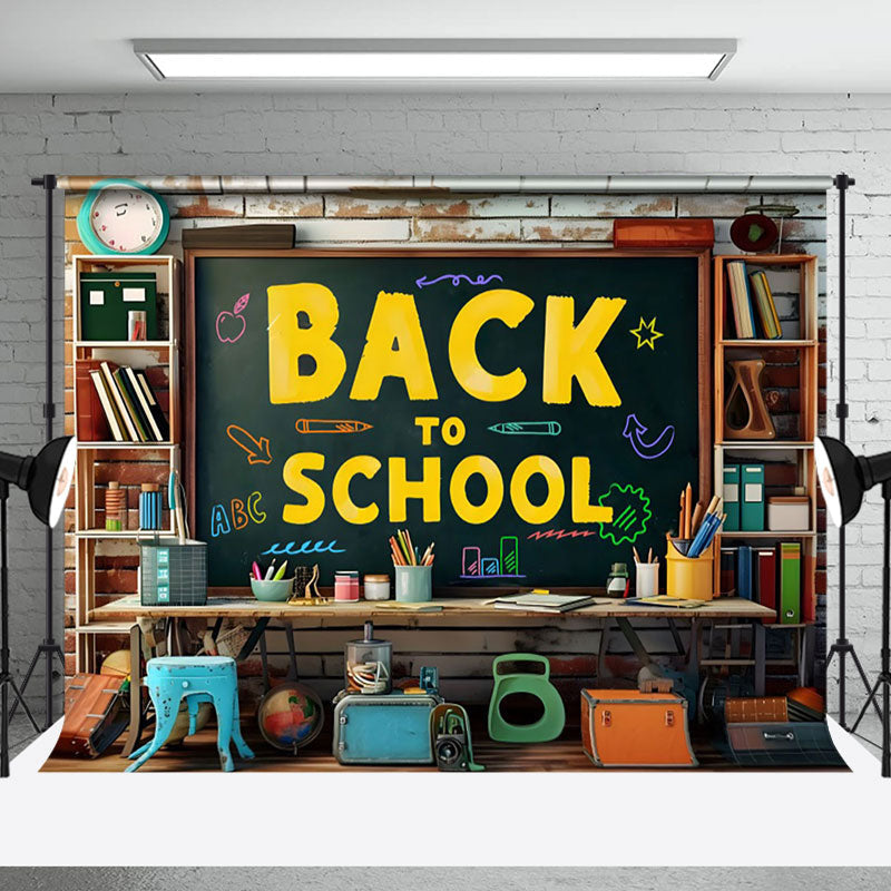 Aperturee - Shabby Wall Blackboard Shelf Back To School Backdrop