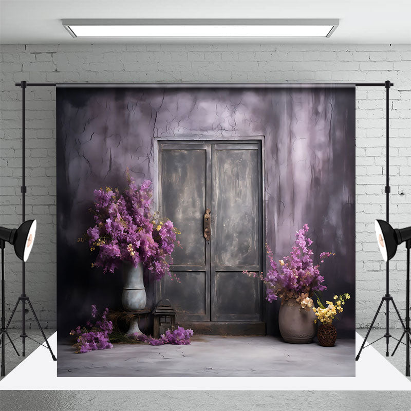 Aperturee - Shabby Wall Purple Floral Door Photography Backdrop