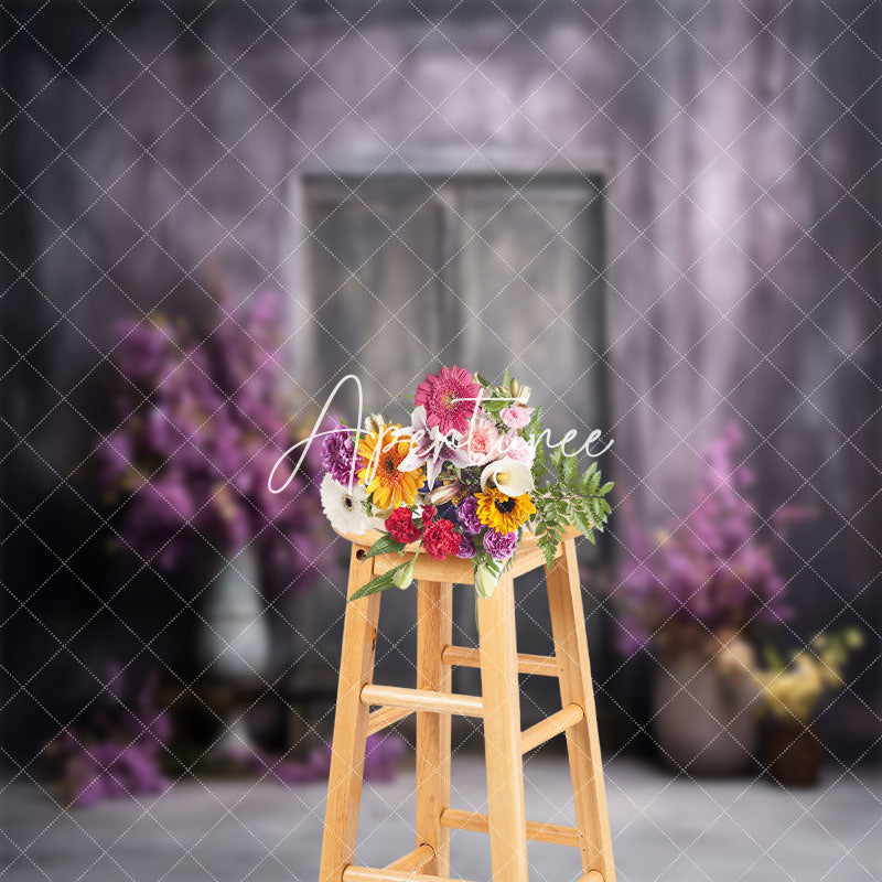 Aperturee - Shabby Wall Purple Floral Door Photography Backdrop