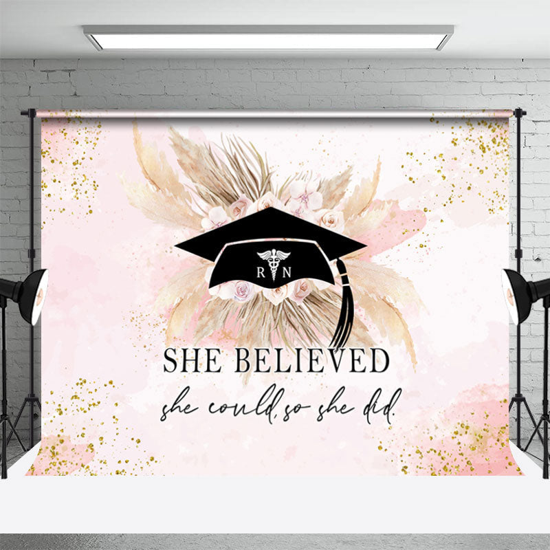 Aperturee - She Believed Pink Floral Boho Graduation Backdrop