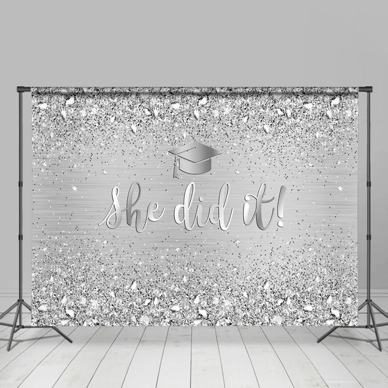 Aperturee - She Did Glitter Silver Diamonds Graduation Backdrop