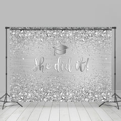 Aperturee - She Did Glitter Silver Diamonds Graduation Backdrop