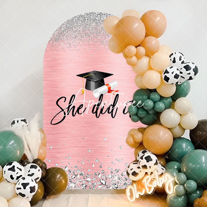 Aperturee - She Did It Pink Silver Congrats Grad Arch Backdrop