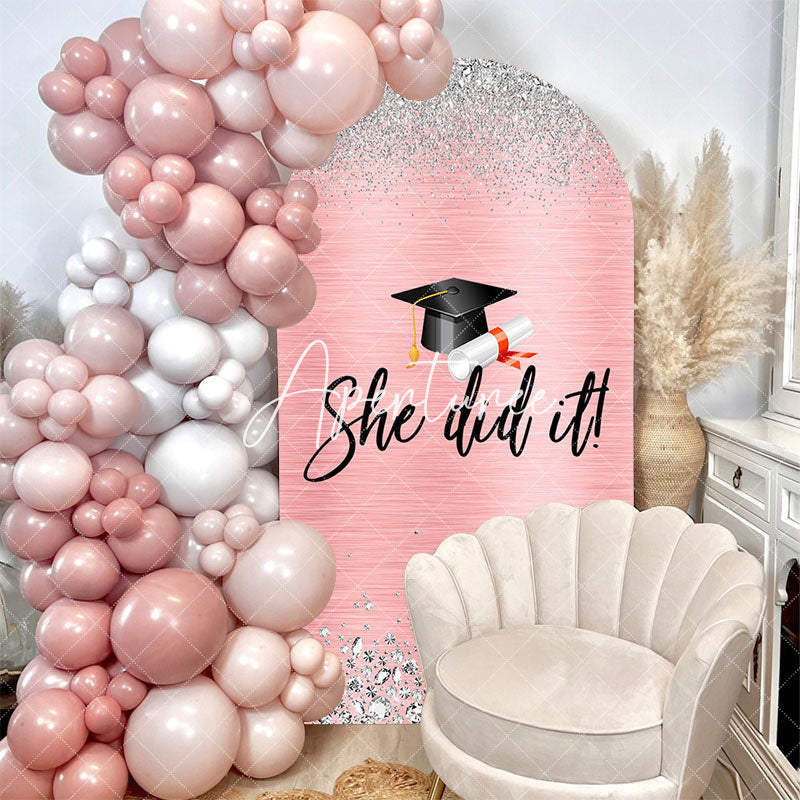 Aperturee - She Did It Pink Silver Congrats Grad Arch Backdrop