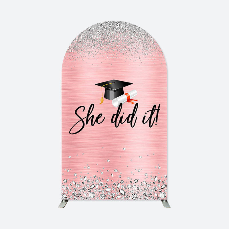 Aperturee - She Did It Pink Silver Congrats Grad Arch Backdrop