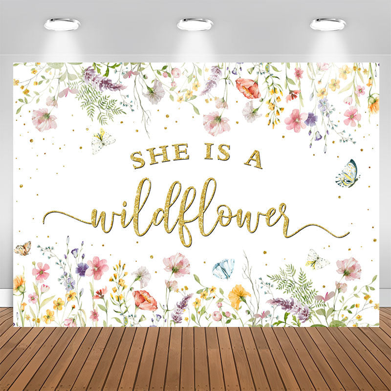 Aperturee - She Is A Wildflower Floral White Baby Shower Backdrop