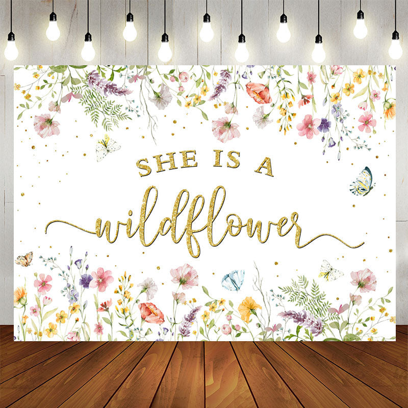 Aperturee - She Is A Wildflower Floral White Baby Shower Backdrop