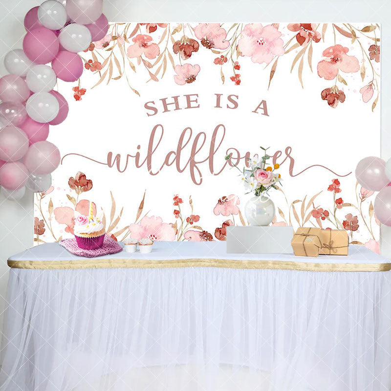 Aperturee - She Is A Wildflower Pink Floral Baby Shower Backdrop