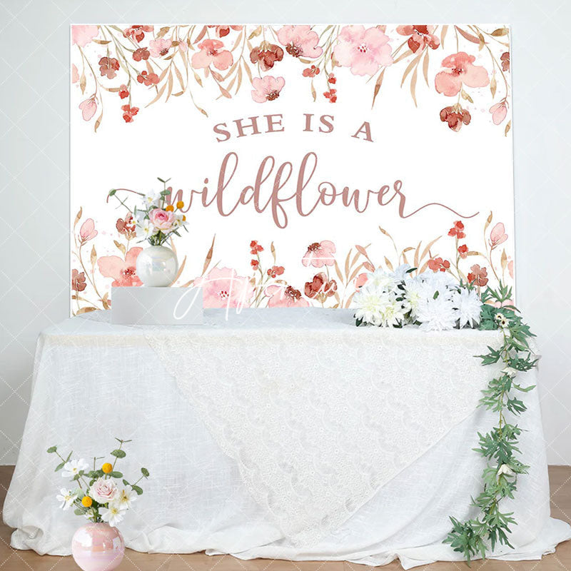 Aperturee - She Is A Wildflower Pink Floral Baby Shower Backdrop