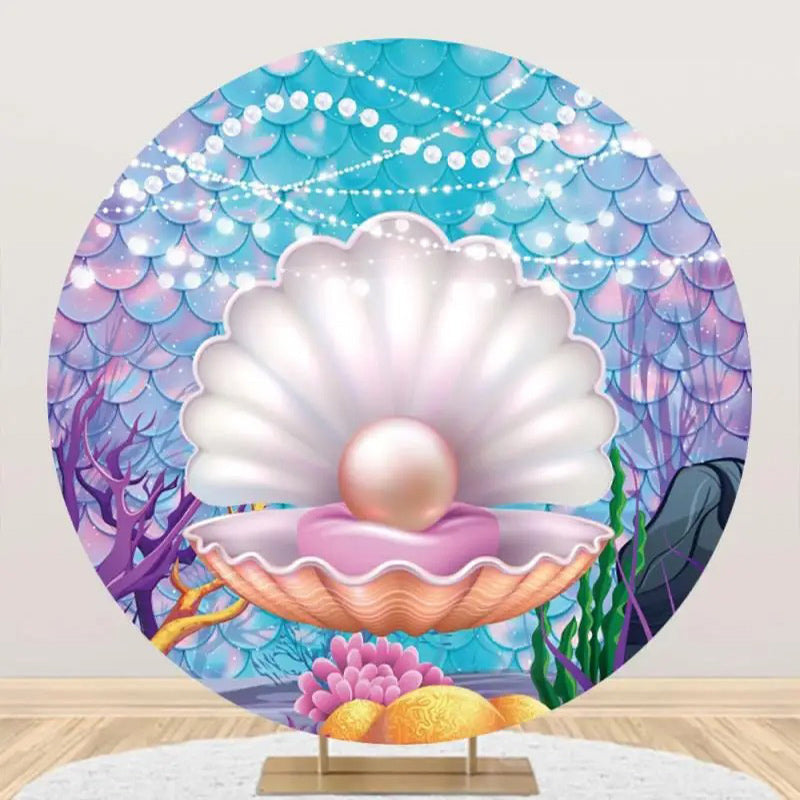 Aperturee - Shell Pearl Coral Mermaid Scale Round Party Backdrop