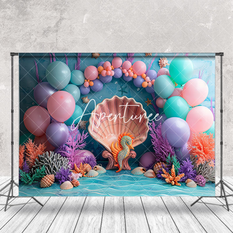 Aperturee - Shell Seahorse Coral Mermaid Cake Smash Backdrop