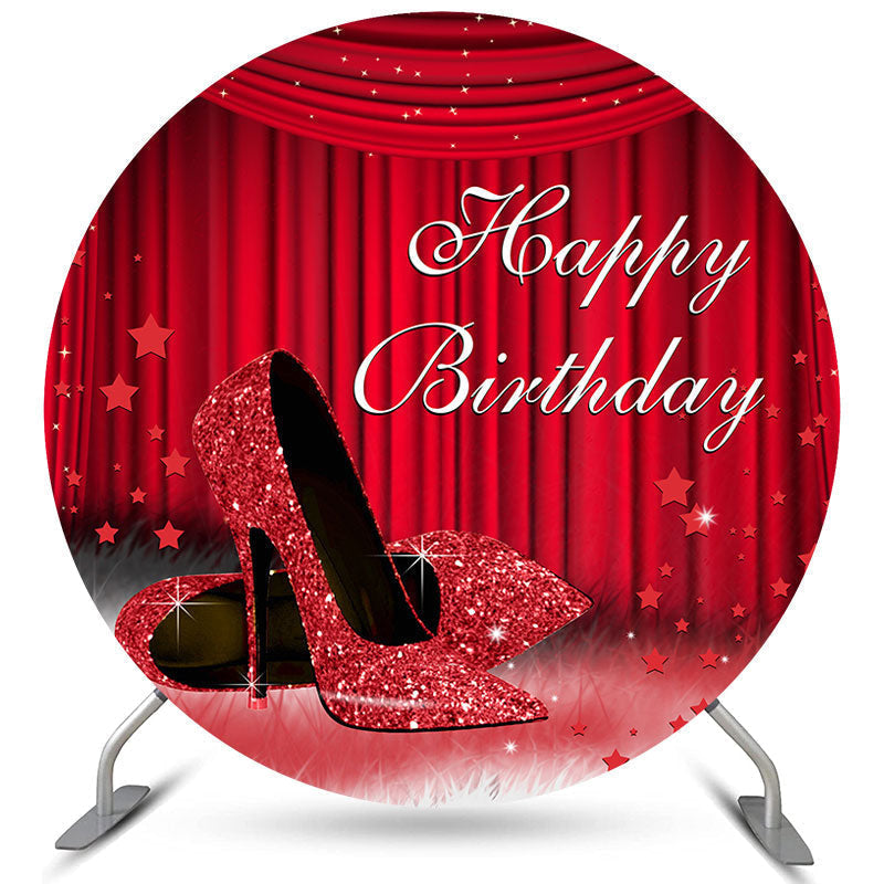 Aperturee Shiny Hot Red High Heels Happy Birthday Circle Backdrop