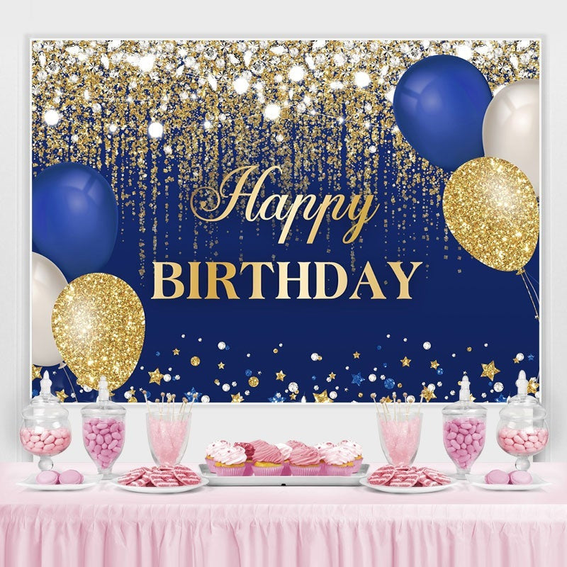 Aperturee - Blue and Gold Balloons Glitter Birthday Backdrop