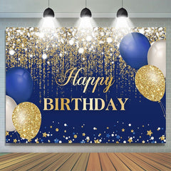 Aperturee - Blue and Gold Balloons Glitter Birthday Backdrop